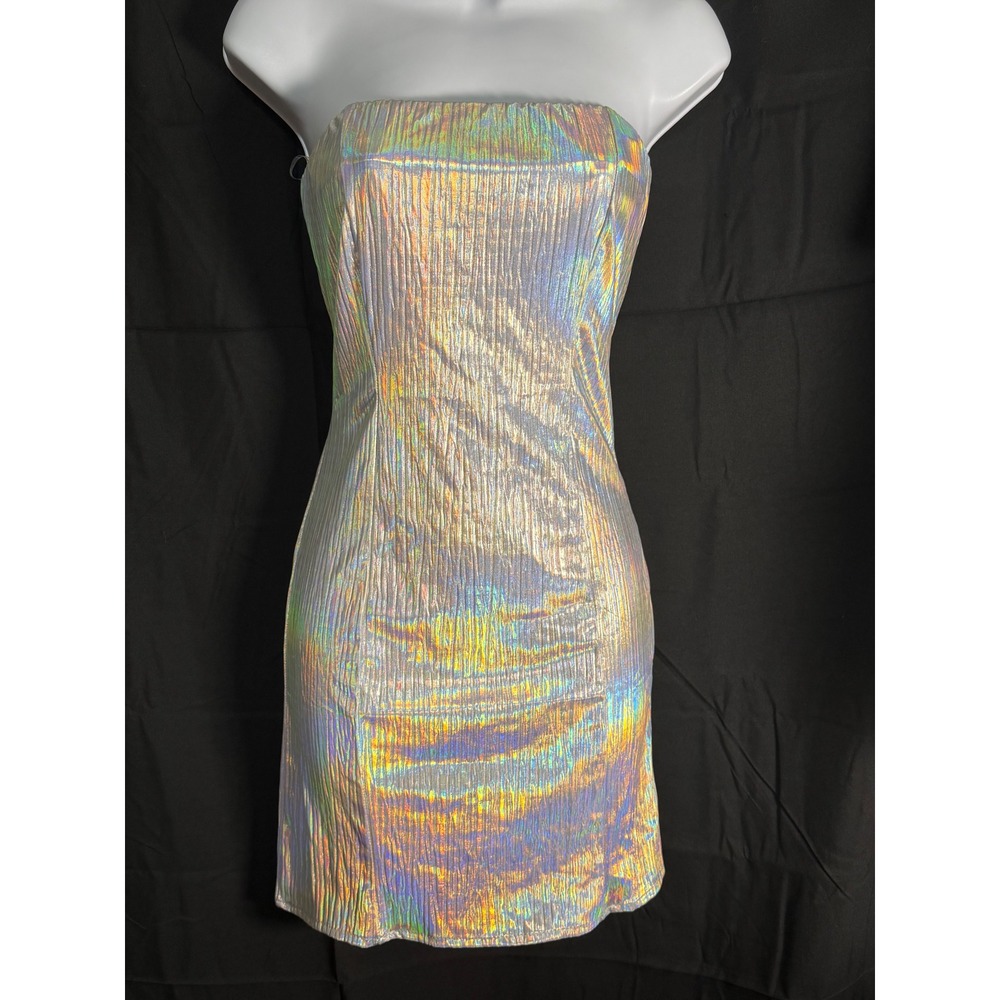 Le Lis Collection Holographic Iridescent Tube Dress Silver‎ Metallic Mini Small